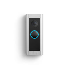 Ring Video Doorbell Pro 2 in Satin Nickel, front view of the camera and lit doorbell button