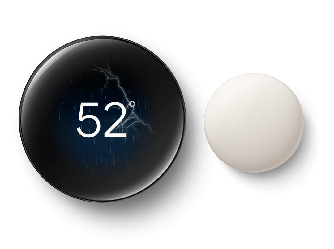 Nest Learning Thermostat 4th gen in Polished Obsidian next to the Nest Temperature Sensor, display showing 52 degrees #color_polished-obsidian