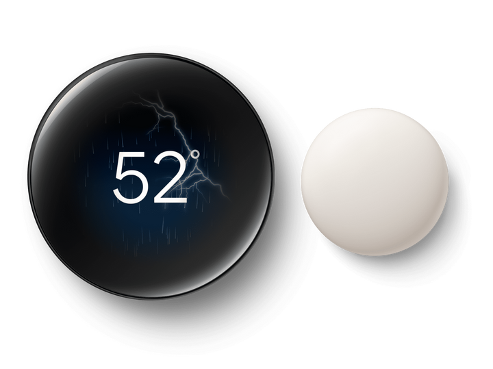 Nest Learning Thermostat 4th gen in Polished Obsidian next to the Nest Temperature Sensor, display showing 52 degrees #color_polished-obsidian