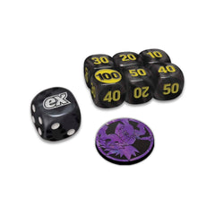 Pitch Black Pokémon Center Elite Trainer Box: six damage-counter dice, coin-flip die and coin
