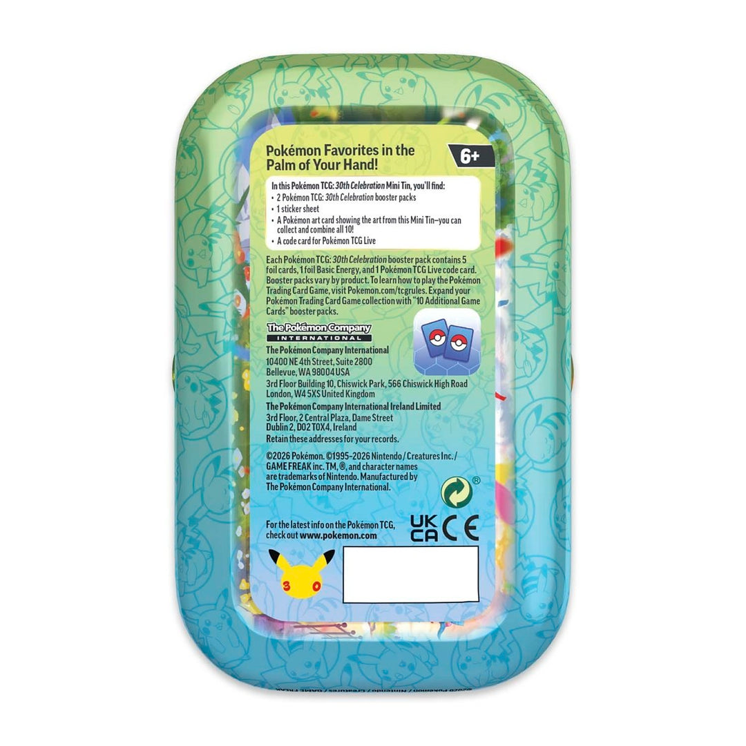 Pokémon TCG: 30th Celebration Mini Tin - Espeon (Day) - back of the tin with the contents list