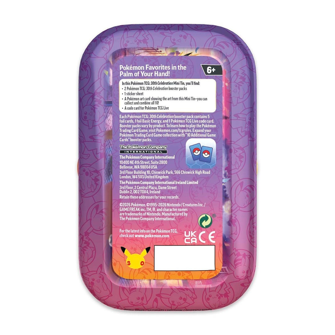 Pokémon TCG: 30th Celebration Mini Tin - Pikachu (Night) - back of the tin with the contents list