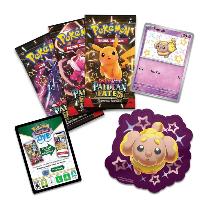 Pokémon TCG: Scarlet & Violet-Paldean Fates Tech Sticker Collection (Shiny Fidough) 3 Booster Packs