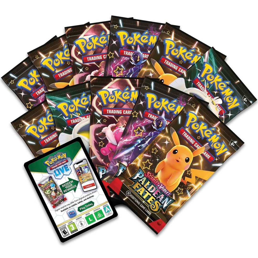 Paldean Fates Booster Pack: packs fanned with a code card