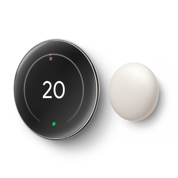 Nest Learning Thermostat 4th gen Polished Silver three-quarter view beside the Nest Temperature Sensor