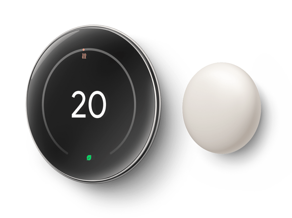 Nest Learning Thermostat 4th gen Polished Silver angled view showing 20 degrees and the Nest Temperature Sensor