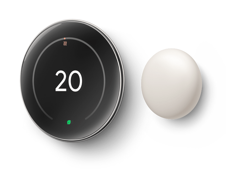 Nest Learning Thermostat 4th gen Polished Silver angled view showing 20 degrees and the Nest Temperature Sensor