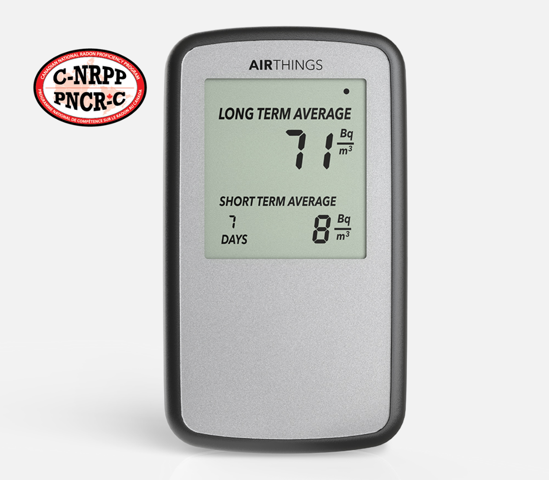 Airthings Corentium Home radon detector front view beside the C-NRPP Canadian National Radon Proficiency Program logo