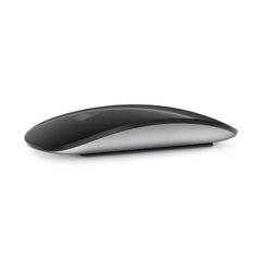 Apple Magic Mouse with the black Multi-Touch surface, three-quarter view of its curved shape