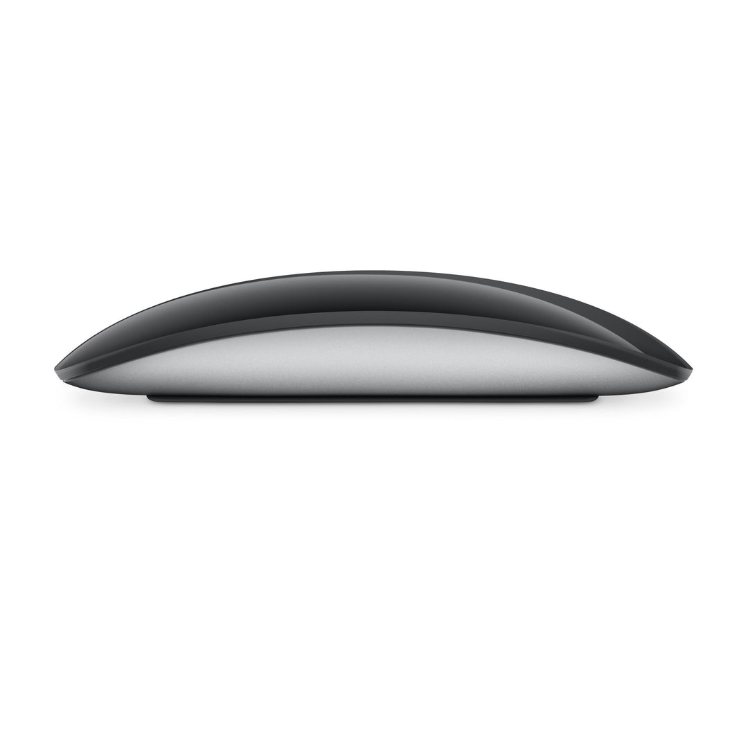 Side profile of the black Apple Magic Mouse, showing its low curved shape