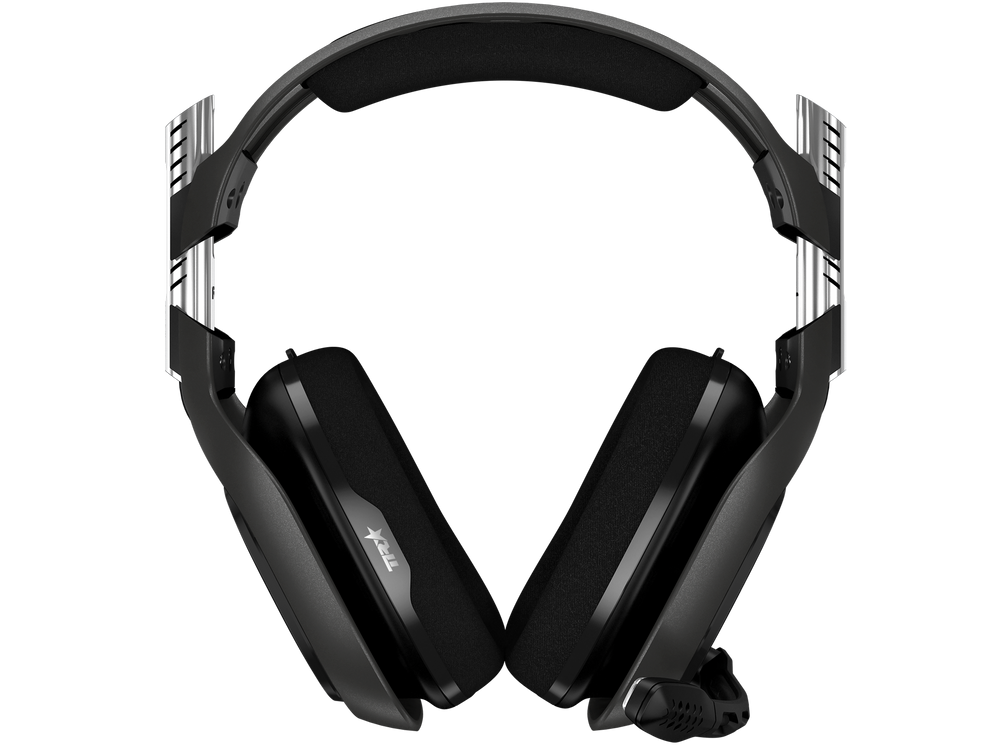ASTRO A40 TR headset front view showing the padded headband, cloth ear cushions and boom microphone