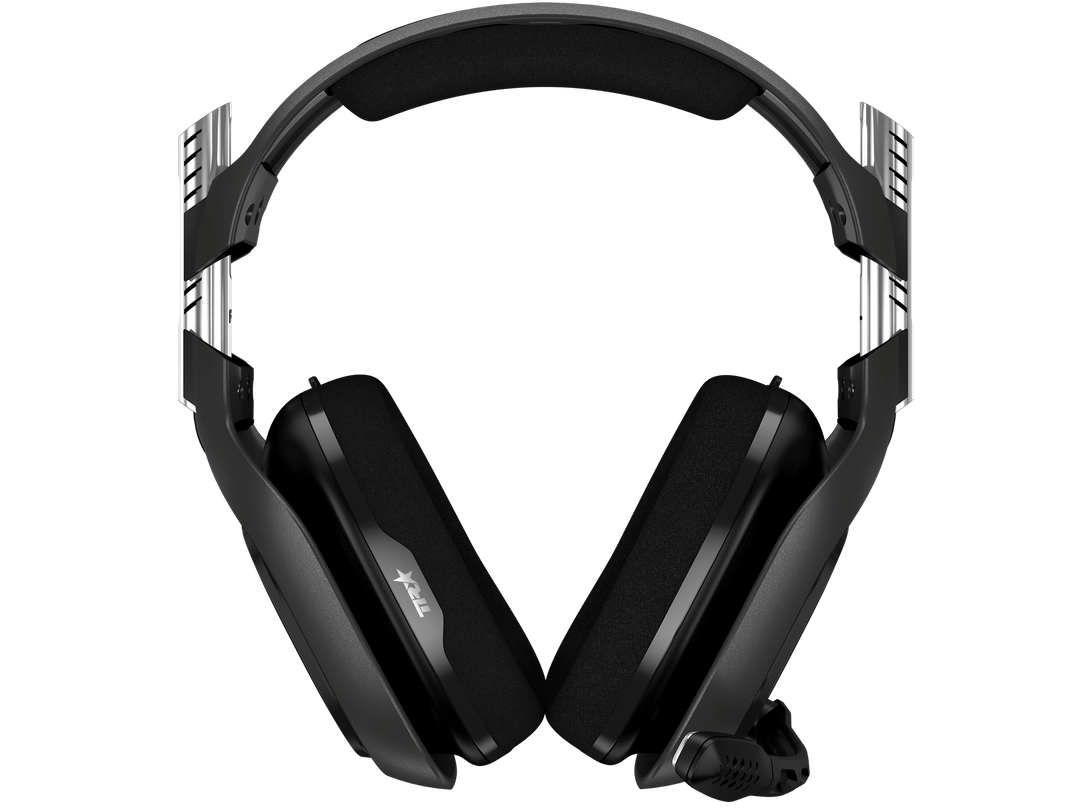 ASTRO A40 TR headset front view showing the padded headband, cloth ear cushions and boom microphone