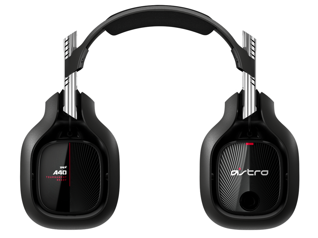 ASTRO A40 TR headset from behind, showing the A40 Tournament Ready speaker tag and the ASTRO speaker tag