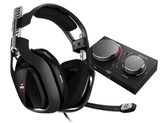 ASTRO A40 TR headset in black with red accents beside the MixAmp Pro TR for Xbox, three-quarter view with the boom microphone attached