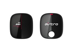 Close-up of the two A40 TR speaker tags: the A40 Tournament Ready tag and the ASTRO tag with the microphone port