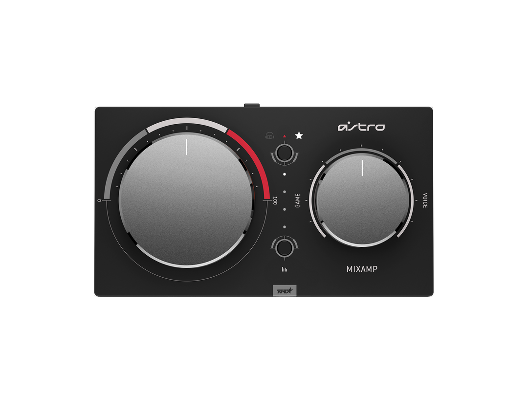 ASTRO MixAmp Pro TR top view with the master volume dial, the game and voice balance dial and two mode buttons