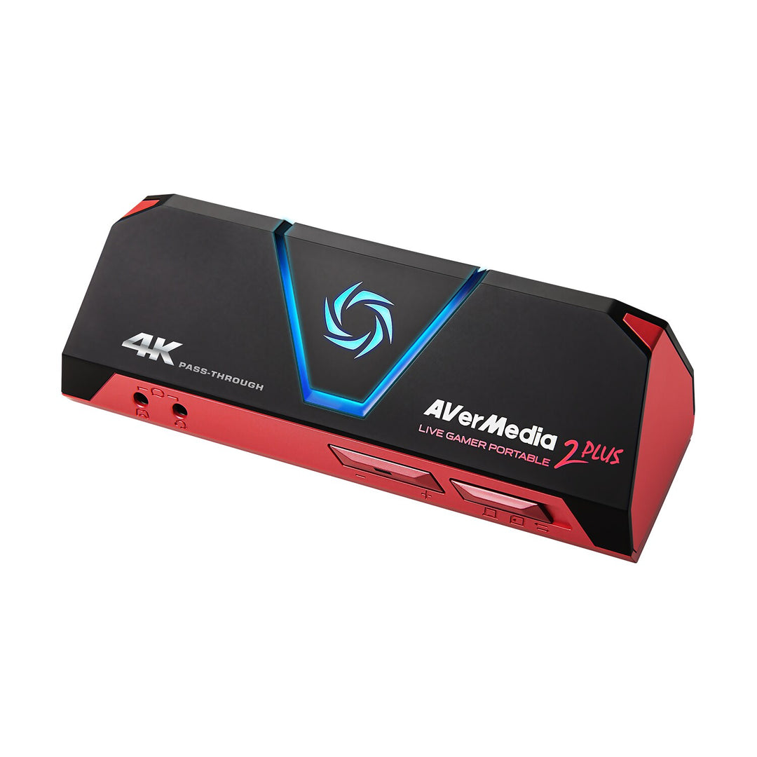 AVerMedia Live Gamer Portable 2 Plus capture box, black with red trim, front three-quarter view