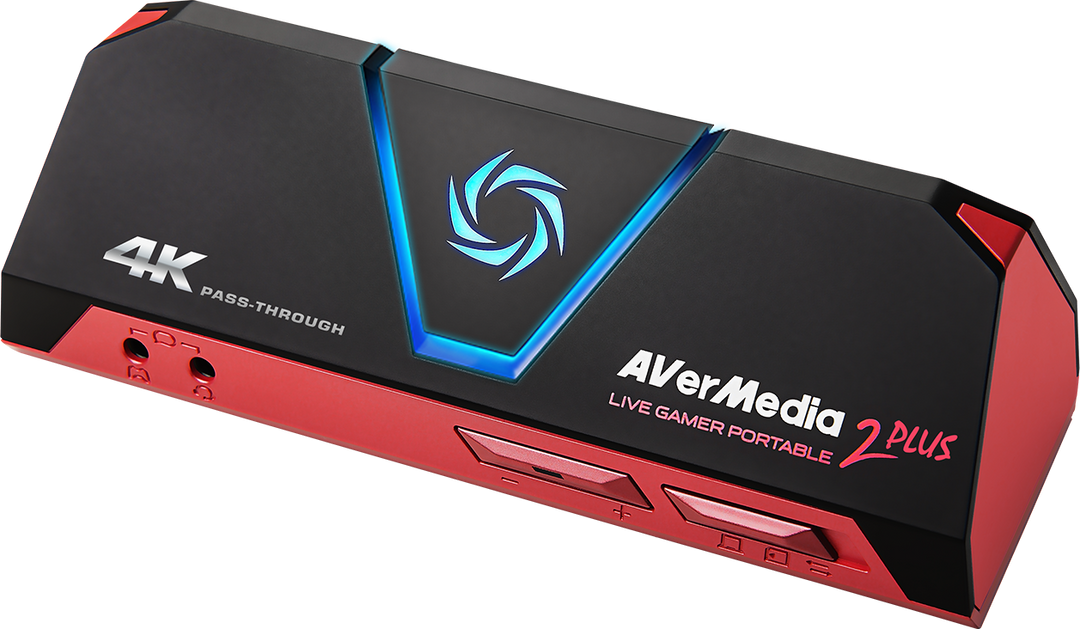 AVerMedia Live Gamer Portable 2 Plus capture box, black with red trim, front three-quarter view