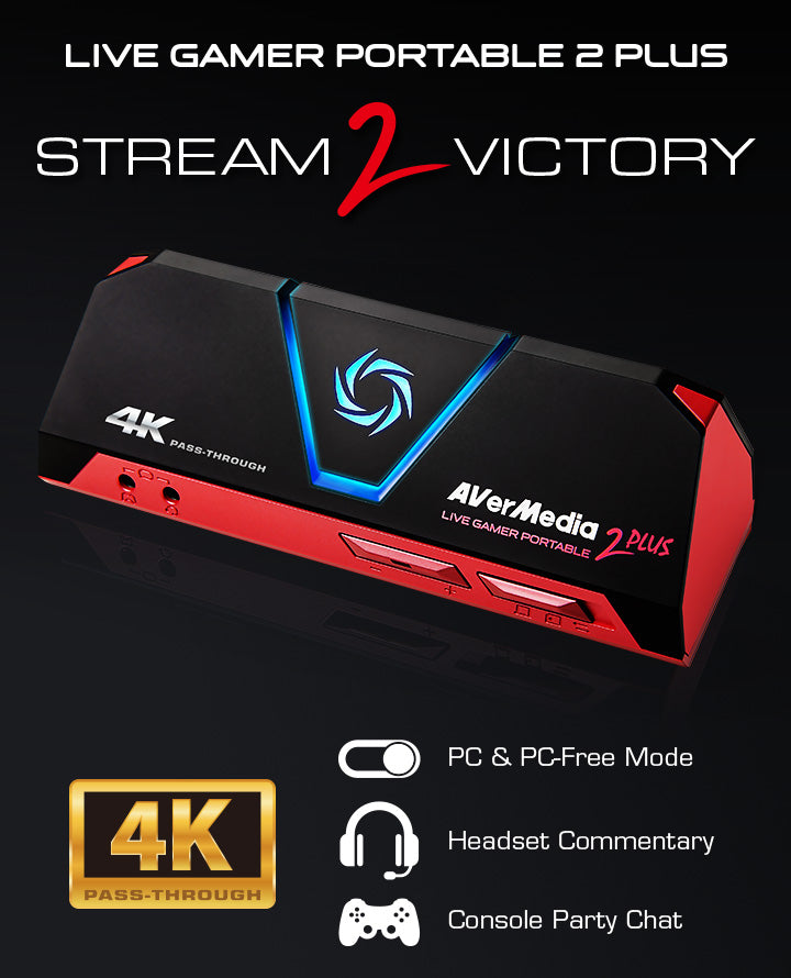 AVerMedia Live Gamer Portable 2 Plus key art: 4K pass-through, PC and PC-free mode, headset commentary, console party chat