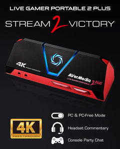 AVerMedia Live Gamer Portable 2 Plus key art: 4K pass-through, PC and PC-free mode, headset commentary, console party chat