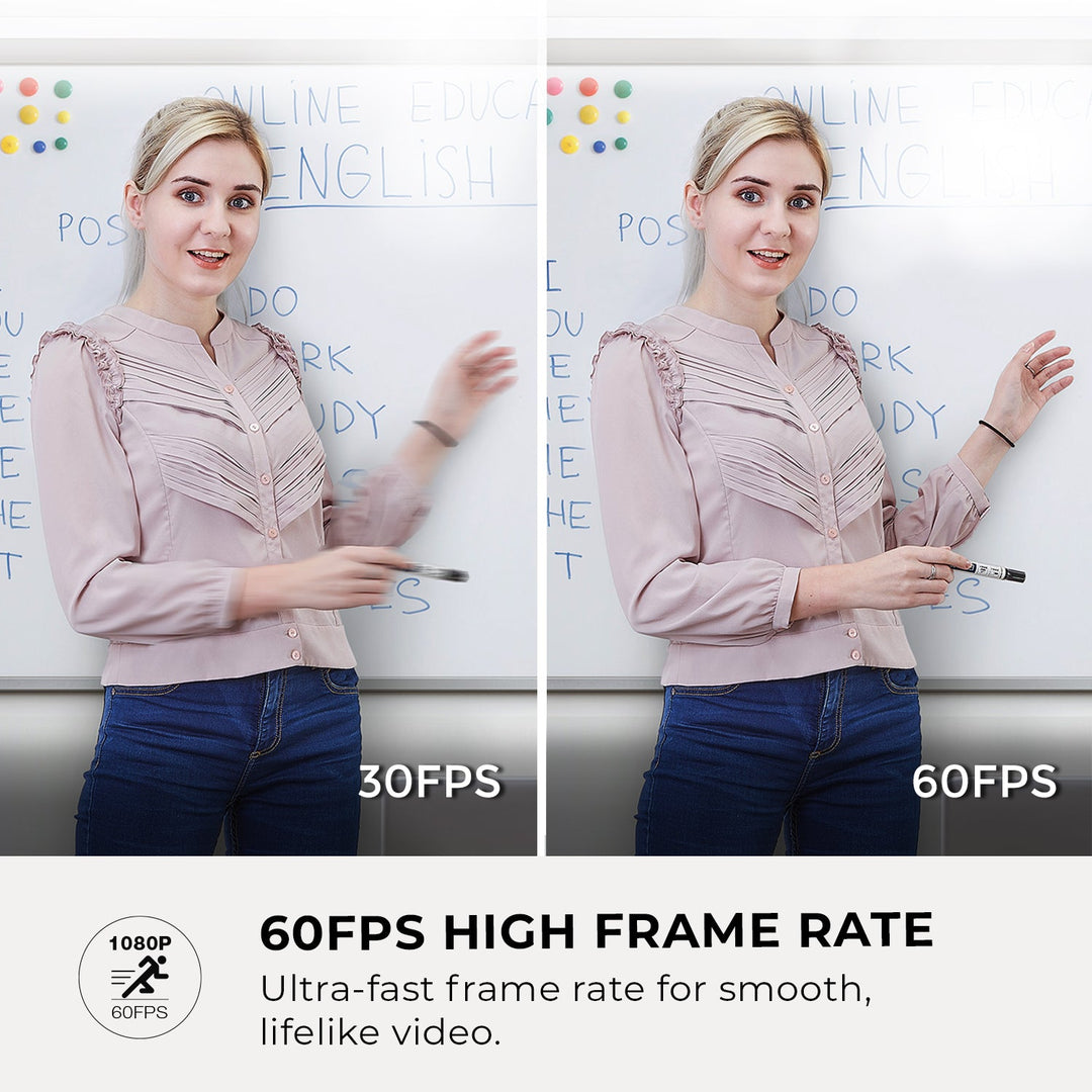 AVerMedia PW315 30 fps and 60 fps side-by-side comparison of a presenter at a whiteboard