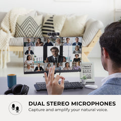 AVerMedia PW315 on a monitor during a group video call, dual stereo microphones