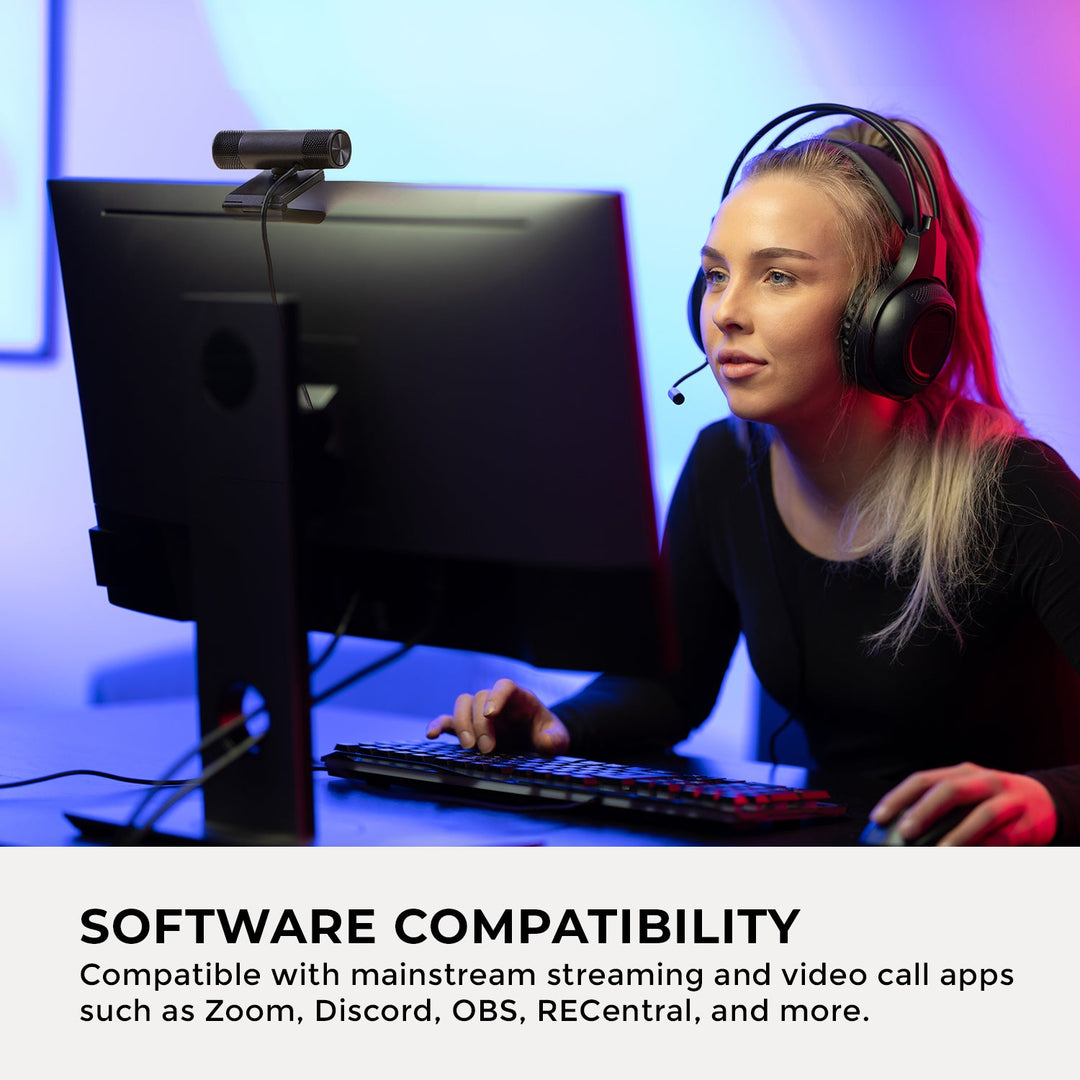 AVerMedia PW315 on a desktop monitor in a streaming setup, compatible with Zoom, Discord, OBS and RECentral