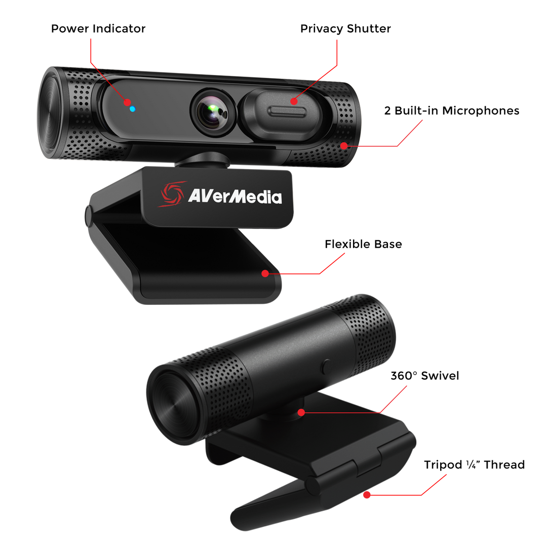 AVerMedia PW315 feature callouts: power indicator, privacy shutter, two built-in microphones, flexible base, 360 degree swivel and 1/4 inch tripod thread