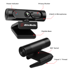 AVerMedia PW315 feature callouts: power indicator, privacy shutter, two built-in microphones, flexible base, 360 degree swivel and 1/4 inch tripod thread