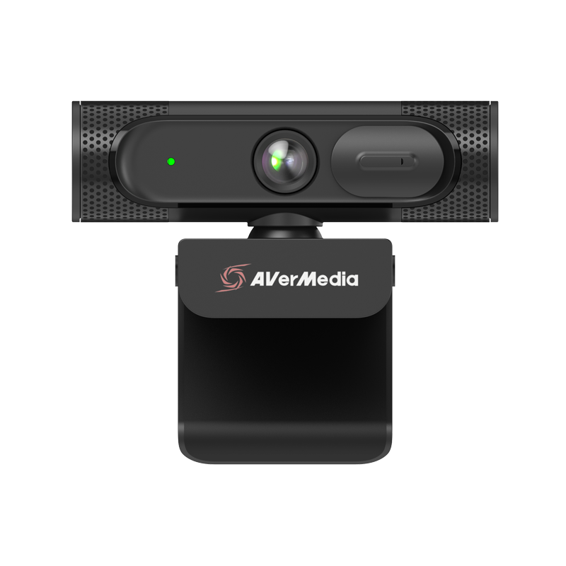 AVerMedia PW315 1080p60 wide angle webcam, front view with lens, privacy shutter and mounting clip
