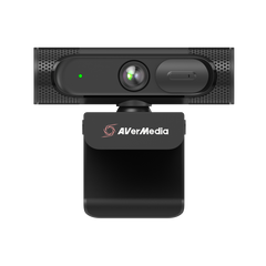 AVerMedia PW315 1080p60 wide angle webcam, front view with lens, privacy shutter and mounting clip
