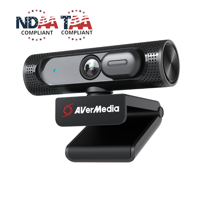 AVerMedia PW315 webcam, three-quarter view on its clip, with NDAA and TAA compliance marks
