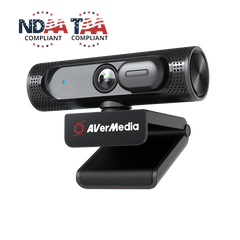 AVerMedia PW315 webcam, three-quarter view on its clip, with NDAA and TAA compliance marks