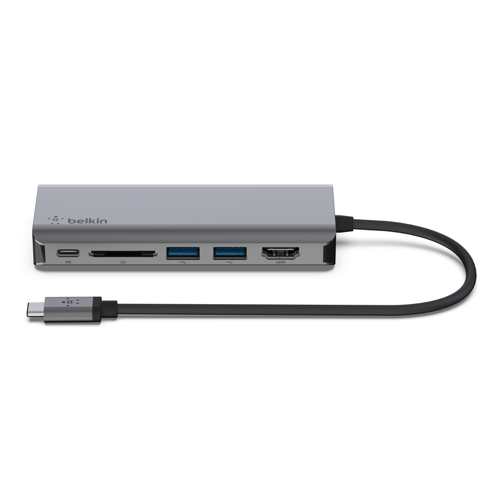 Belkin CONNECT USB-C 6-in-1 Multiport Adapter front view showing the PD, SD, two USB-A and HDMI ports and the attached USB-C cable