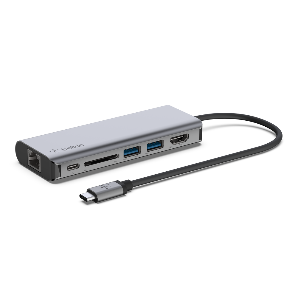 Belkin CONNECT USB-C 6-in-1 Multiport Adapter in space gray, angled view of the Ethernet, USB-C PD, SD, USB-A and HDMI ports with the tethered USB-C cable
