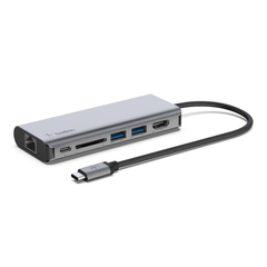 Belkin CONNECT USB-C 6-in-1 Multiport Adapter in space gray, angled view of the Ethernet, USB-C PD, SD, USB-A and HDMI ports with the tethered USB-C cable