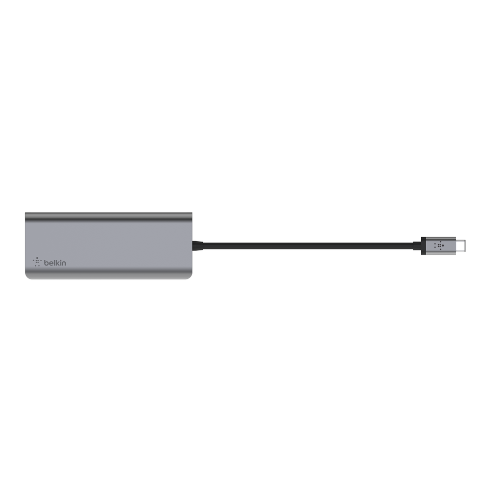 Belkin CONNECT USB-C 6-in-1 Multiport Adapter top view of the space gray housing with the Belkin logo