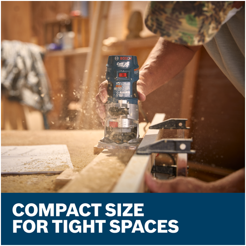 Bosch Colt PR20EVS routing a narrow board in a workshop, showing its compact size