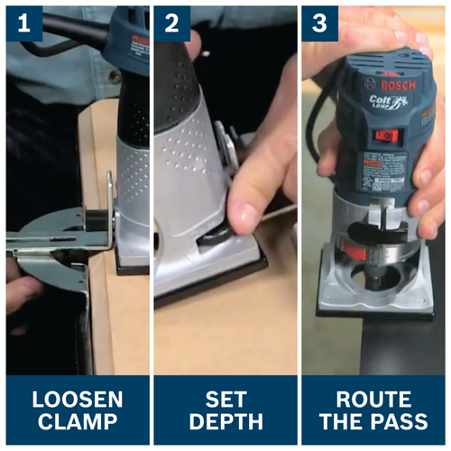 Three steps on the Bosch PR20EVS: loosen the clamp, set the depth on the fixed base, route the pass