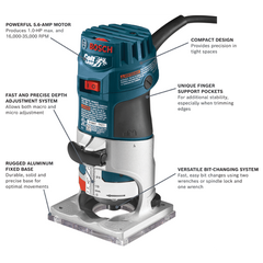 Bosch PR20EVS feature callouts: 5.6 amp 1.0 HP motor, compact design, depth adjustment system, finger support pockets, aluminum fixed base and bit-changing system