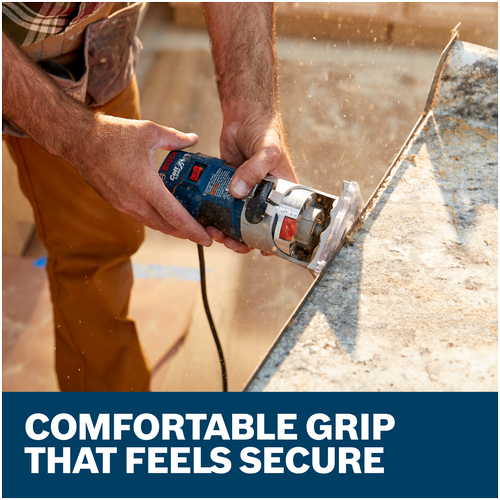 Bosch Colt PR20EVS held sideways in a palm grip while routing the edge of a countertop