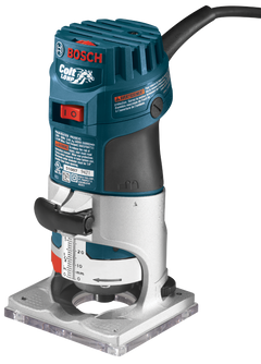 Bosch Colt PR20EVS palm router in blue on its aluminum PR001 fixed base with a clear subbase, three-quarter view