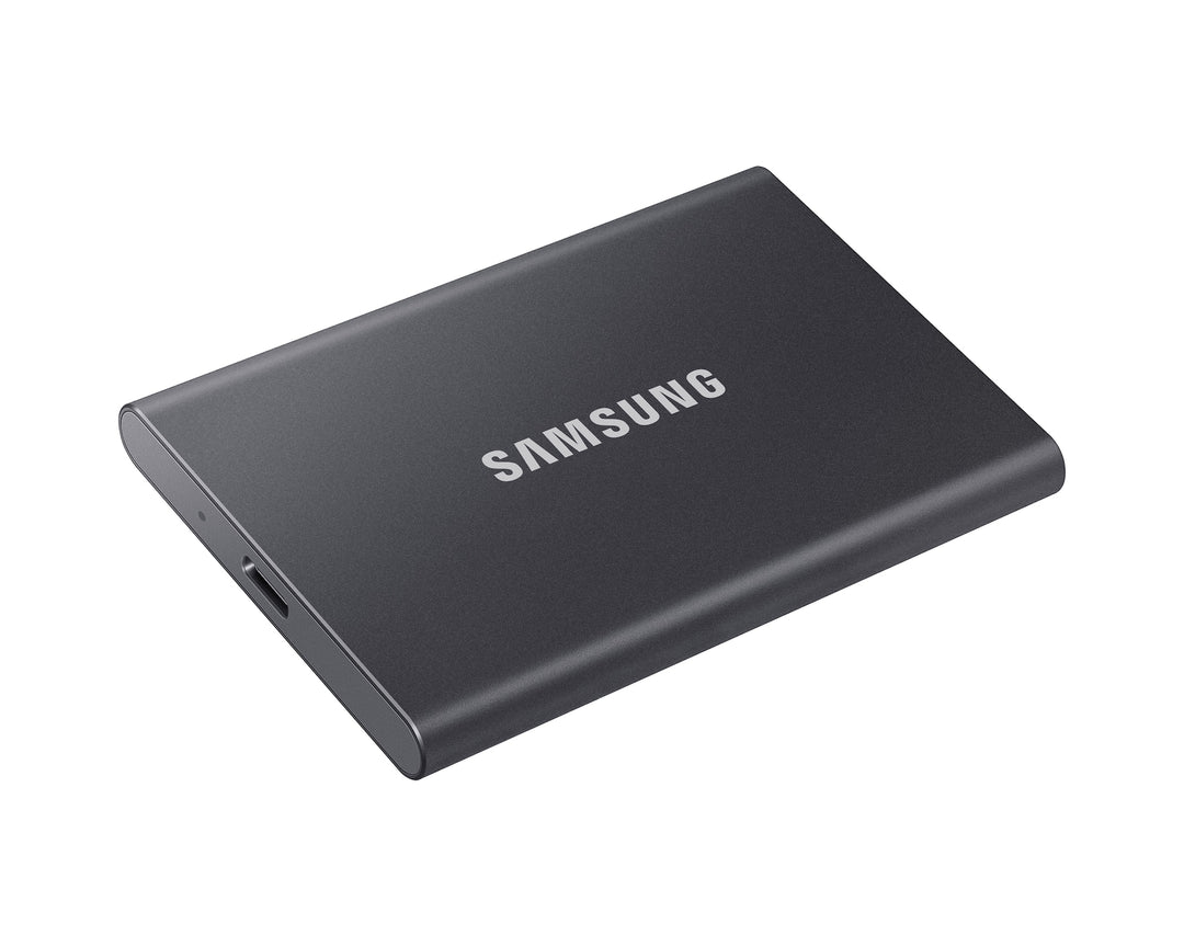 Samsung T7 Portable SSD in Titan Gray lying flat at an angle