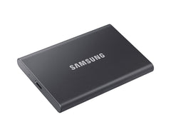 Samsung T7 Portable SSD in Titan Gray lying flat at an angle