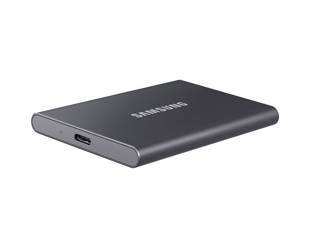 Samsung T7 Portable SSD in Titan Gray, low side profile showing the 8 mm thickness