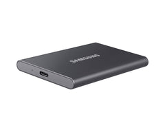 Samsung T7 Portable SSD in Titan Gray, low side profile showing the 8 mm thickness