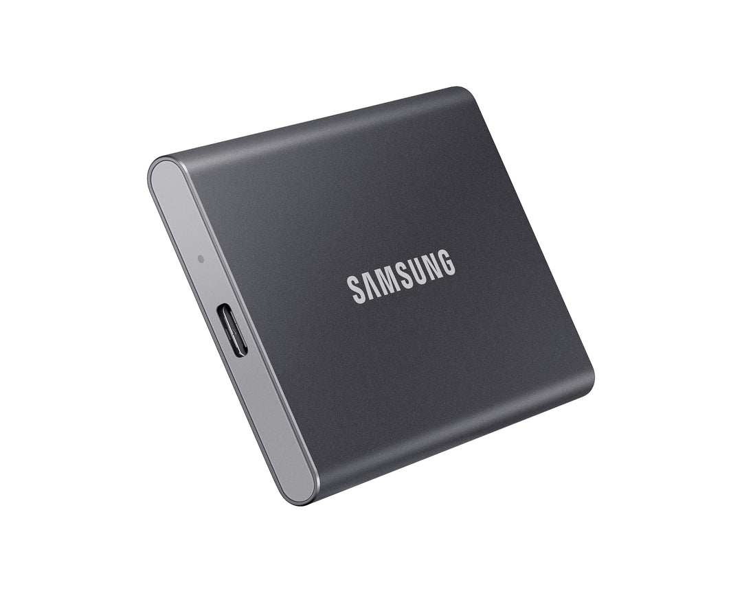 Samsung T7 Portable SSD in Titan Gray, angled view of the USB Type-C port and slim edge
