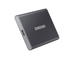 Samsung T7 Portable SSD in Titan Gray, angled view of the USB Type-C port and slim edge