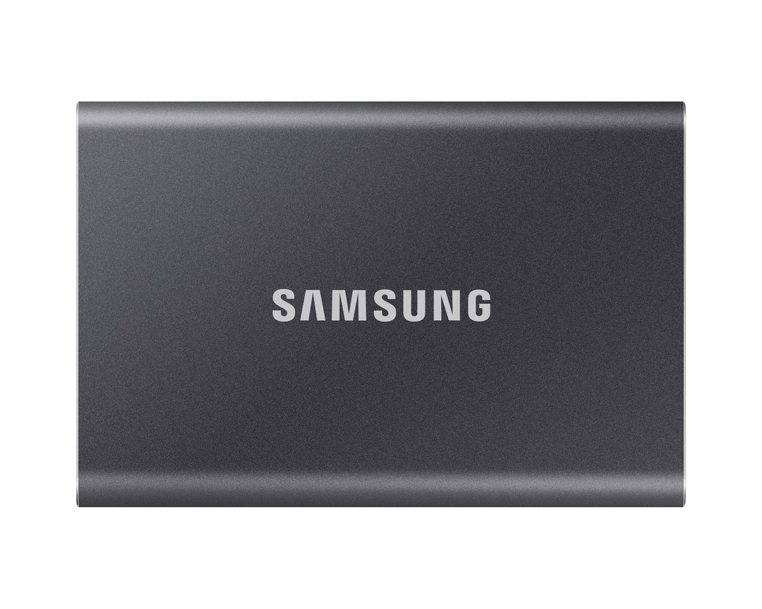 Samsung T7 Portable SSD 1TB in Titan Gray, front view with the Samsung logo on the aluminum body