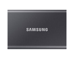 Samsung T7 Portable SSD 1TB in Titan Gray, front view with the Samsung logo on the aluminum body